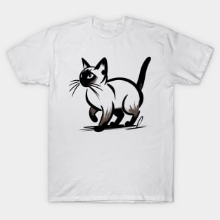 Stick figure Siamese cat in black ink T-Shirt